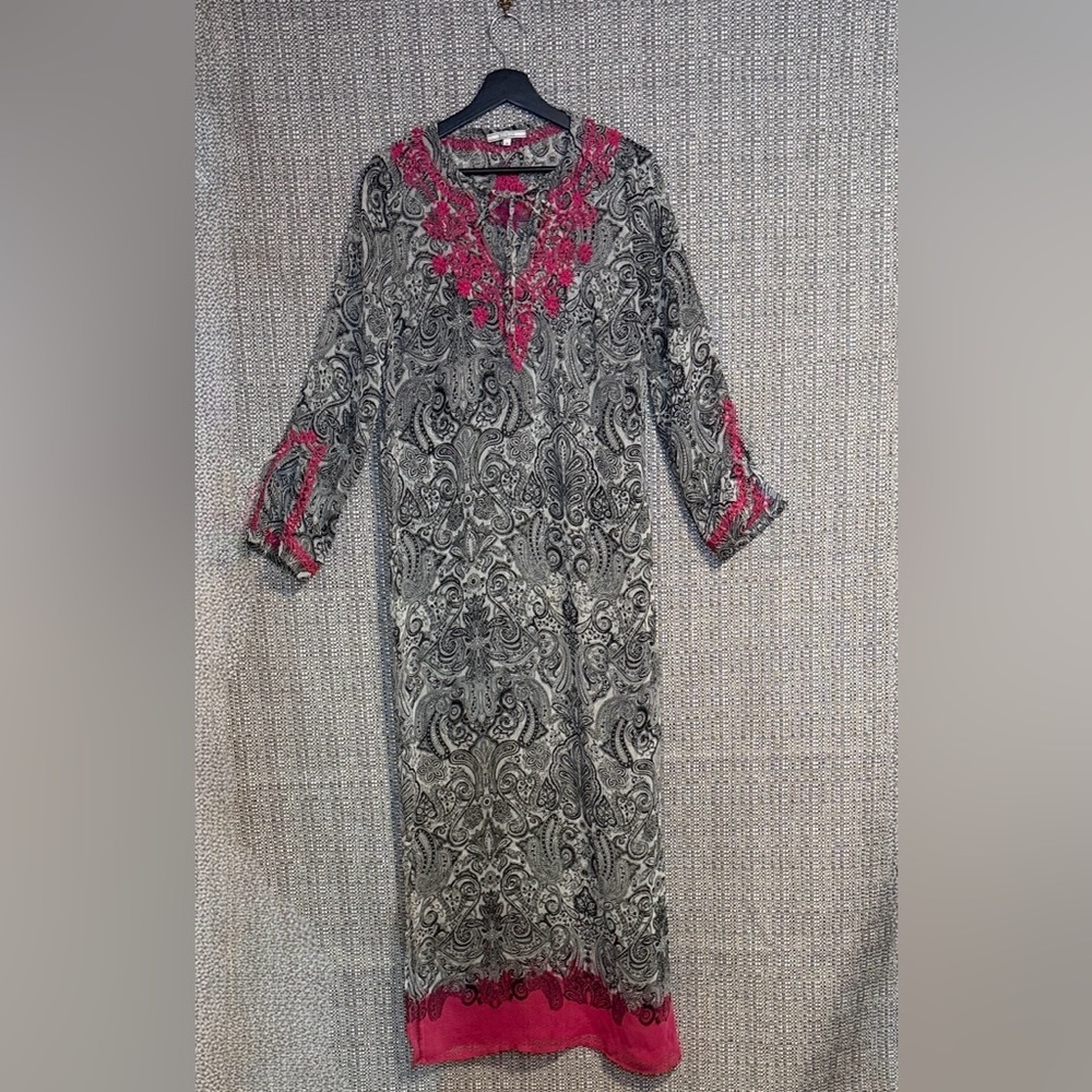 Maxi Length Semi Sheer Embroidered Black & Pink Paisley Tunic Swim Coverup - Picture 2 of 15